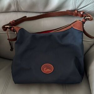 Dooney & Bourke Navy Nylon Shoulder Bag with Brown Leather Trim